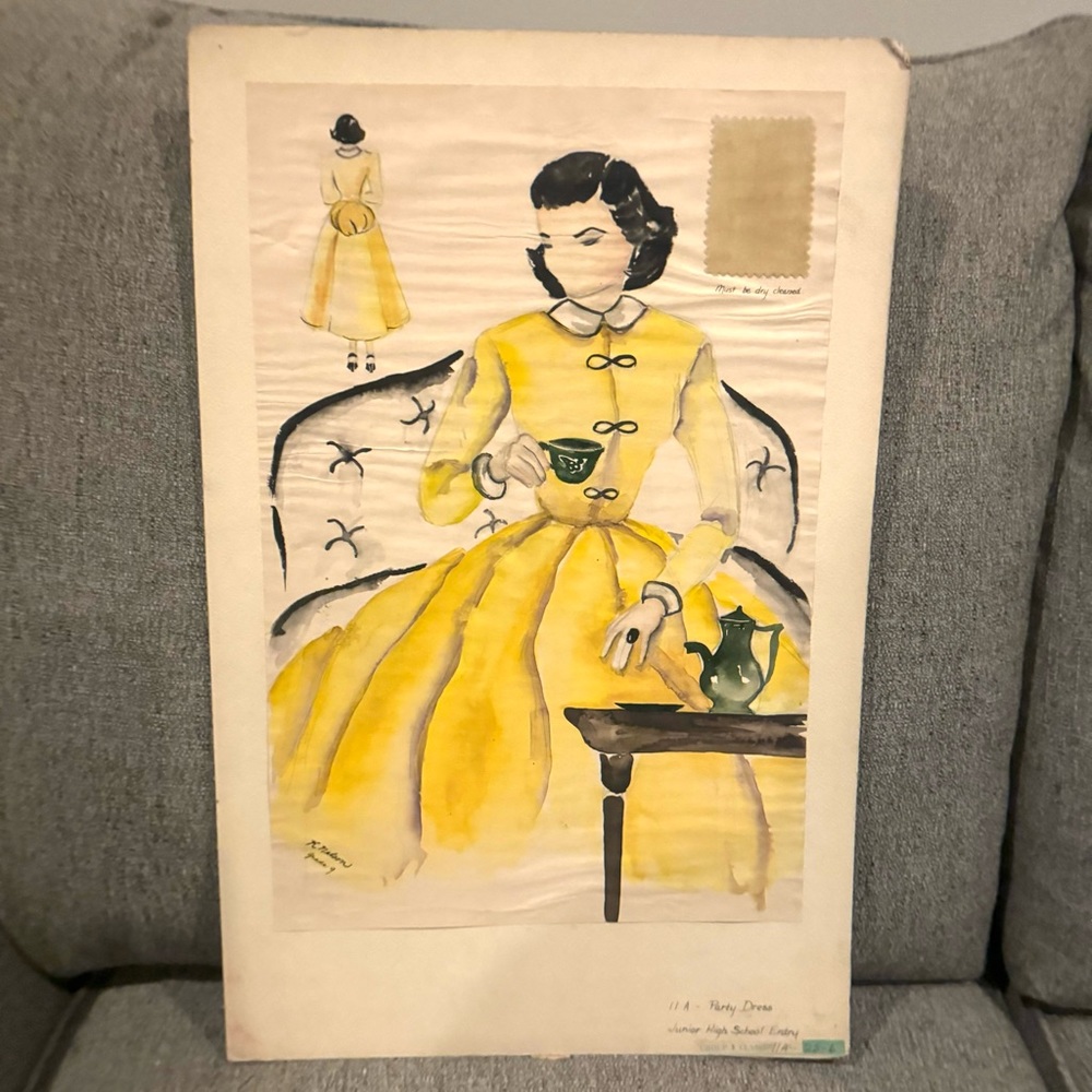 Original 1948 Watercolor Fashion Study by Karen Nelson, Yellow Tea Dress